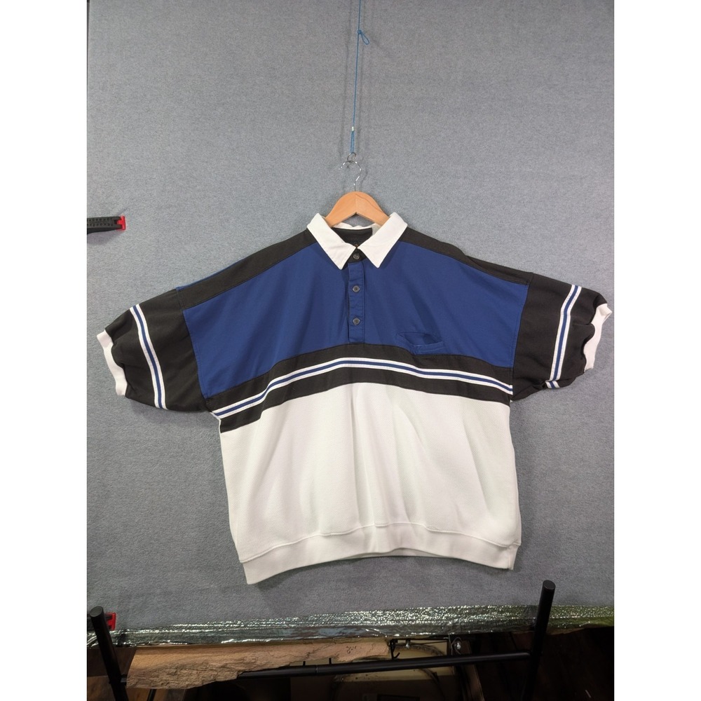Puritan Vintage 90s Polo Shirt Estimated XL Blue Black White Colorblock